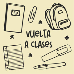 Vuelta a clases editable, doodles, icon, utiles escolares, lapiz, crayones, regla, tijera, goma de borrar