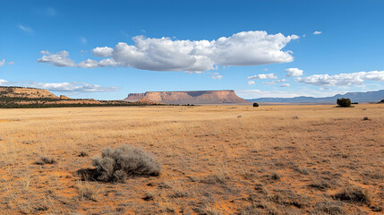 Expansive Desert Landscape Under Bright Blue Sky With Scattered Clouds and Distant Mountains