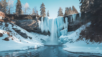 Frozen waterfall cascading into icy pool winter wonderland