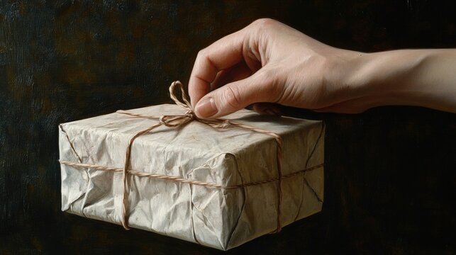 A hand unties a string bow on a paper wrapped gift