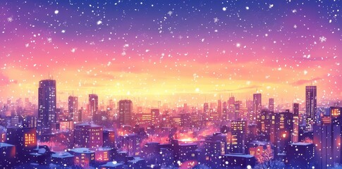 Obraz premium The city skyline covered in falling snowflakes under colorful skies