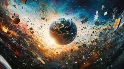 A stunning view of Earth surrounded by swirling cosmic debris and vibrant colors of space, depicting the beauty and chaos of the universe