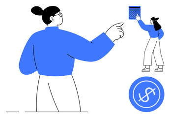Woman pointing with hand, using calculator and dollar icon nearby. Ideal for finance, budgeting, savings, investment, accounting, management analysis. Flat simple metaphor