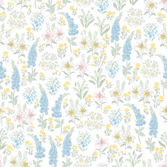 Seamless pattern of meadow with lily, Foxglove, daisy, lily of the valley, buttuer cup, bell flower
