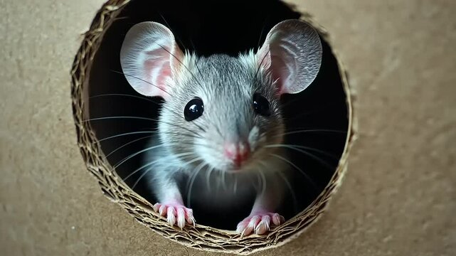 Curious mouse peeking through a cardboard hole, showcasing its features in a dimly lit environment