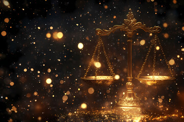 Obraz premium Justice Illuminated: An ornate golden balance scale symbolizes justice, fairness, and legal equilibrium. The scale, highlighted with subtle lighting.