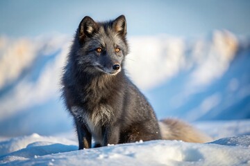 Obraz premium Arctic Fox Black Fur, Wildlife Candid Photo, Snowy Landscape