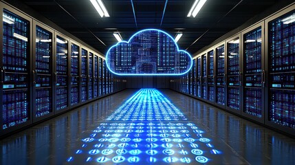 Server room with cloud symbol, data flow reflected on floor in blue lighting