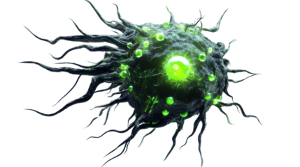 Cancer cell mutating and growing green spheres on transparent background