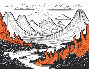 Stylized Landscape Featuring Volcanoes, Rivers, and Lava in Bold Orange and Black Colors