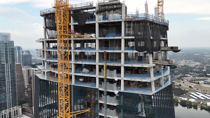 Close up aerial views of skyscrapers under construction in Austin Texas