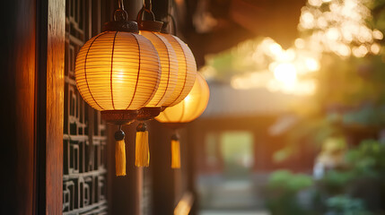 Golden Lanterns of Tradition: Capture the essence of traditional lanterns bathed in warm light, hanging delicately outside an ornate building, inviting viewers into a scene of cultural richness.