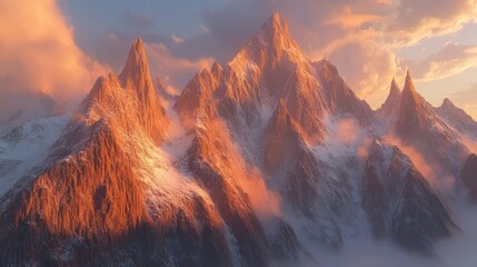 Fototapeta premium Majestic sunset peaks, snowy mountains, clouds, landscape, travel poster