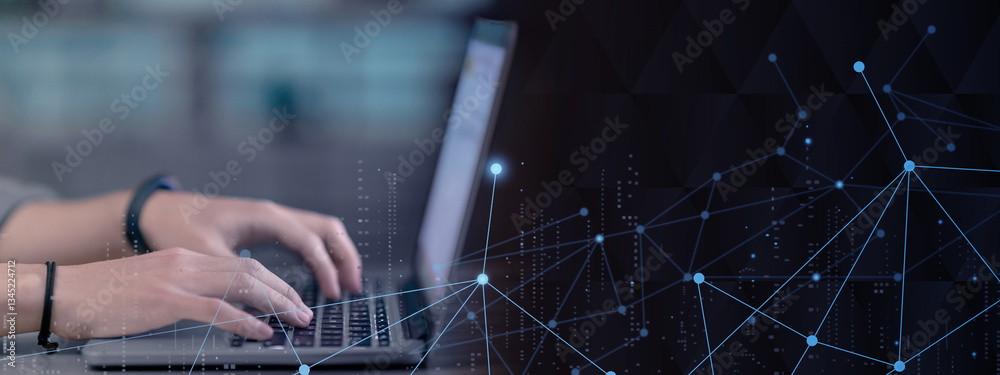 Aufkleber Unrecognizable man touching with both hands laptop modern computer keyboard, cropped of employee user working online late at night, surfing on Internet, programmer coding, copy space, closeup