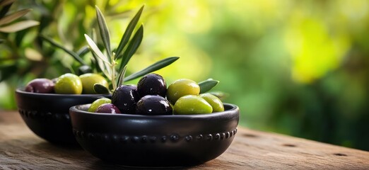Freshly harvested olives in rustic bowls with vibrant green foliage background, showcasing the beauty of organic produce and healthy lifestyle choices