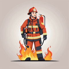 fireman, safety, emergency, firefighter, danger, rescue, fire, man, fighter, uniform, equipment, protection, helmet, service, flame, burn, water, profession, extinguisher, vector, red, hose, backgroun