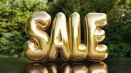 Golden balloon letters spell sale in outdoor setting for promotions and discounts