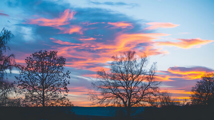 Naklejka premium Silhouette trees against a vibrant sunset sky