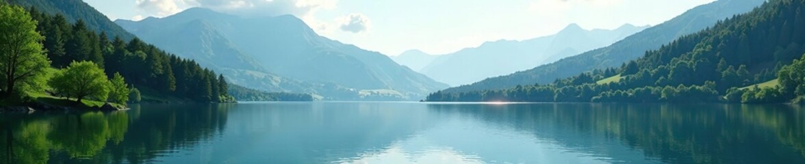 Obraz premium Secluded lake with trees and mountains in the background, landscape, scenery, water