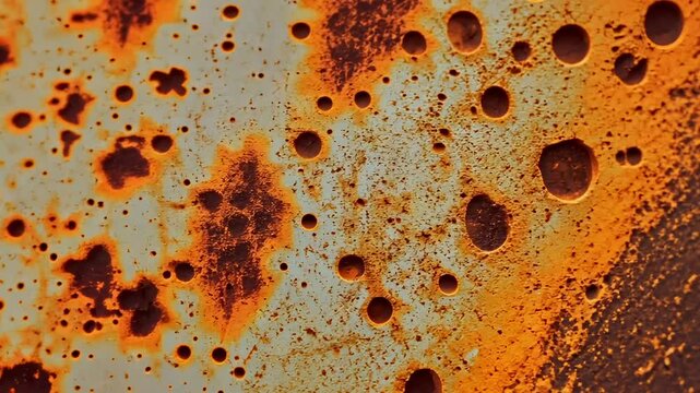 Close Up Detailed Texture of Rusted Metal Surface with Orange and Brown Corrosion Showing Holes and Decay, Weathered Industrial Abstract Background