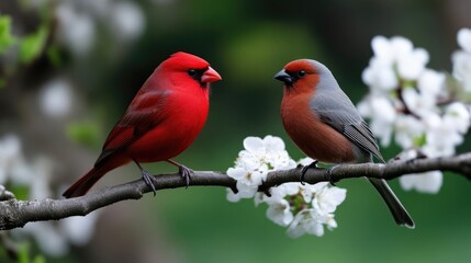 Obraz premium Two birds perched on a branch, surrounded by blossoms. A vibrant red cardinal and a gray-brown bird, displaying a close proximity, create a serene spring scene