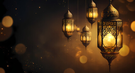 Golden Lanterns: Illuminating the scene are intricately designed golden lanterns suspended, casting a warm, inviting glow against a backdrop of blurred lights.