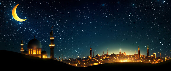 Naklejka premium Islamic City Nightscape: A breathtaking view of a historic city bathed in the ethereal glow of a crescent moon, with towering minarets and domes silhouetted against a mesmerizing starry sky. 