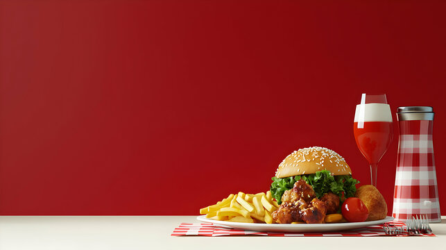 Red Background Food Composition With Burger Fries Chicken And Drink