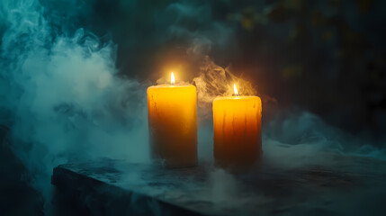 Fototapeta premium Candlelit Mystery: Two glowing candles illuminate the scene, casting an intimate atmosphere amidst the enveloping ethereal fog and evoking feelings of peacefulness and mystery.