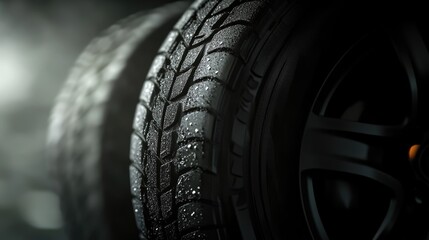 Close-up of two wet tires showcasing detailed tread patterns, set against a blurred, dramatic background