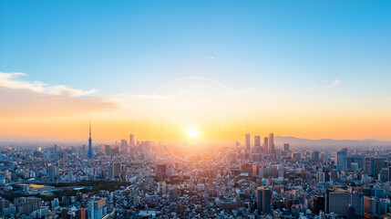 Fototapeta premium Aerial View Of City Skyline At Sunset With Golden Sunlight And Blue Sky Showing Modern Architecture