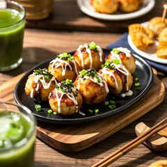 Delicious Takoyaki with Mayo and Seaweed on a Black Plate