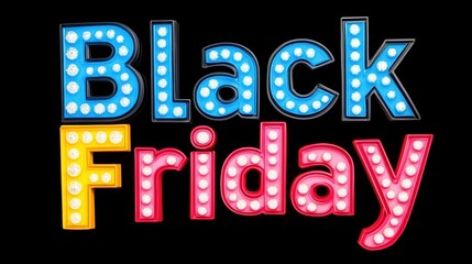 Colorful black friday sign with illuminated letters on black background