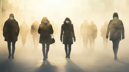 Masked pedestrians walk city street, dense fog, urban commute