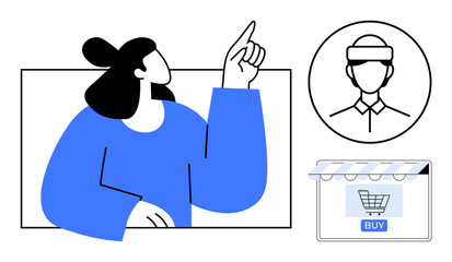 Woman pointing upward towards icons of customer support and online shopping cart. Ideal for digital marketing, customer service, e-commerce, online shopping, user experience, digital advertising