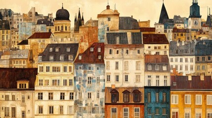 Fototapeta premium A detailed artistic painting showcasing a European city neighborhood scene