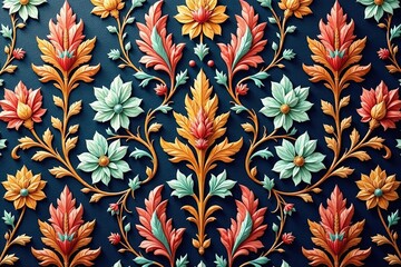 Fototapeta premium Elegant damask pattern with intricate floral details, leaves, home