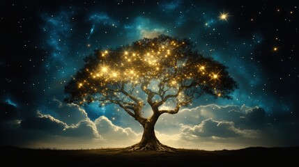Enchanted tree illuminated by stars against a stunning night sky