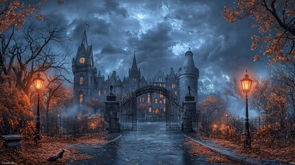 Spooky gothic building under cloudy sky. Autumn leaves litter ground. Lights glow