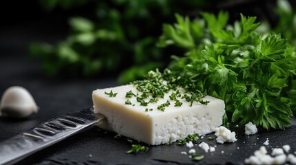 Fresh white cheese with herbs on dark slate