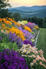 Obraz premium Beautiful flower garden with a beautiful mix of flowers and vibrant colors in a valley in the mountains
