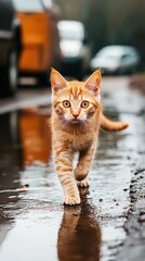 Small orange kitten walking on a wet street on a rainy day