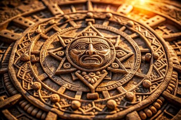 Fototapeta premium Aztec Sun Stone Close-Up: Intricate Carving Details of Ancient Mexican Calendar Stone