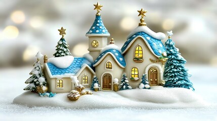 Fototapeta premium Snowy fairytale village with blue roofs and golden accents at christmas