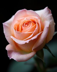 Tangerine and peach-colored rose in perfect focus against a softly blurred dark brown canvas background