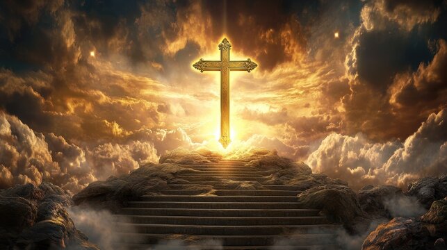 Golden cross illuminating stairway to heaven with dramatic clouds and sunlight