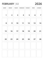February 2026 year planner template. calendar 2026 year. Black and white monthly and yearly planners. Business planner minimal concept. Desk calendar 2026 year. Week Starts on Sunday, wall calendar.