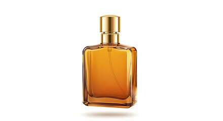 Amber Glass Perfume Bottle with Golden Cap on White Background, Elegant Product Shot