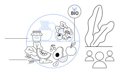 Variety of fruits, vegetables, jar of jam, and wheat with bio label. Vase and leafy plant in background with abstract people icons. Ideal for health, eco-lifestyle, nutrition, farming organic