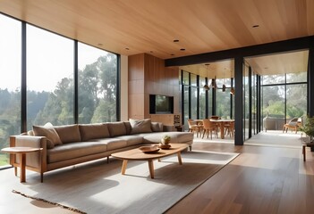 Fototapeta premium Modern Interior with a View: A beautifully designed modern interior with floor-to-ceiling windows offers stunning views of the surrounding nature, creating a sense of openness and tranquility.